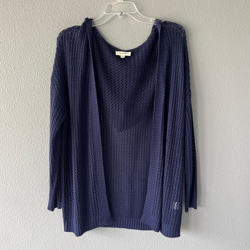Navy Open Knit Hooded Long Cardigan